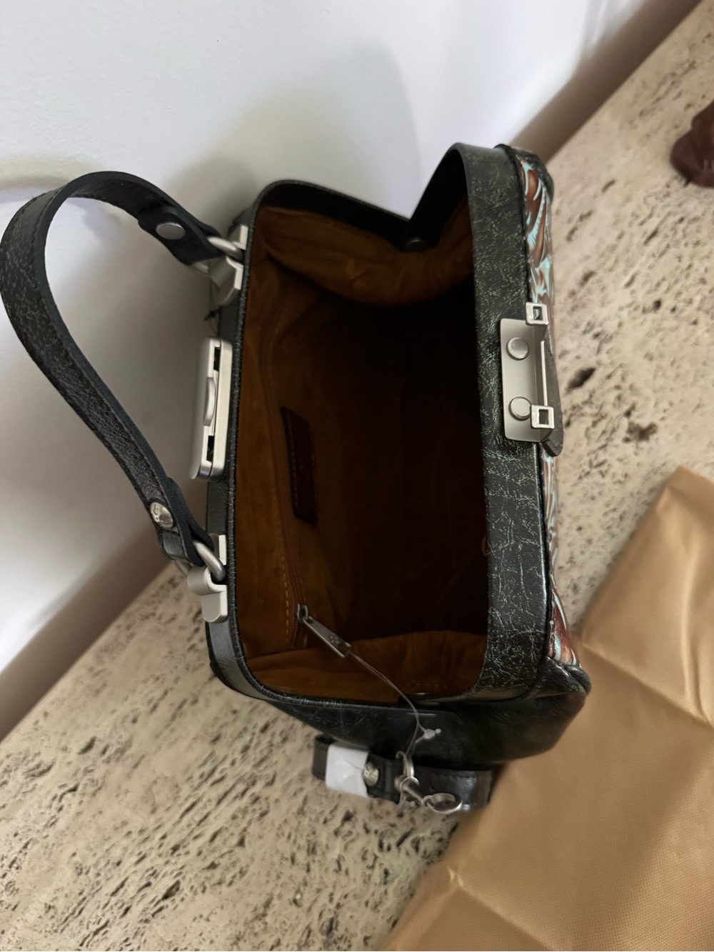 Patricia Nash Gracchi Turquoise Tooled Leather Frame Satchel. MSRP $279 - Picture 7 of 13